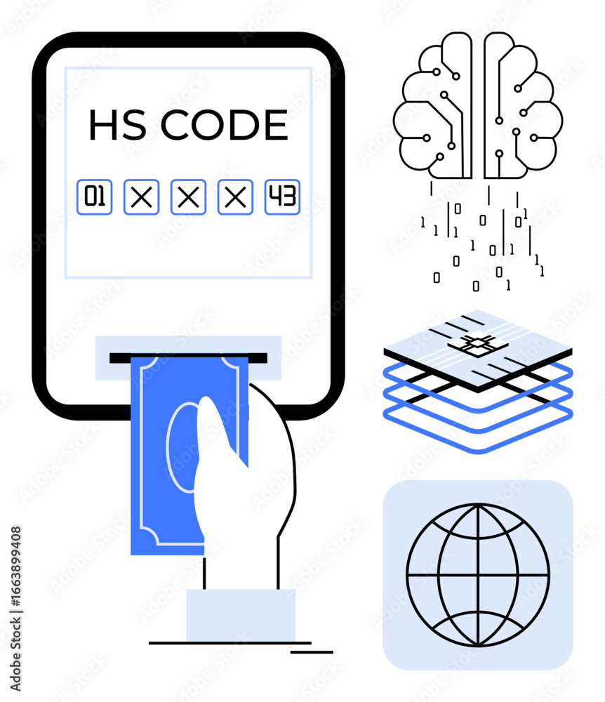 Poster hand holding money near hs code input screen, digital brain, stacked tech layers, globe. ideal for t