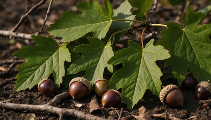 An image showcasing isolated acorn leaves and green oak nuts featuring autumnal plants with a white background