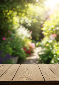 Sun-Kissed Garden Oasis: Rustic Wooden Plank Surface Overlooking a Lush Floral Escape