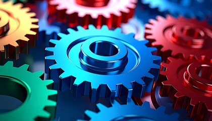 A close-up view of multiple colorful gears, showcasing intricate designs and vibrant hues, creating a dynamic and engaging image.