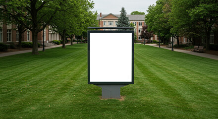 A blank billboard stands on a green lawn with trees and buildings in the background on a cloudy day