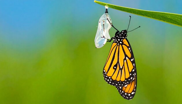 A monarch butterfly emerges from its chrysalis, clinging to a plant stem against a backdrop of soft greens and blue. - Powered by Adobe