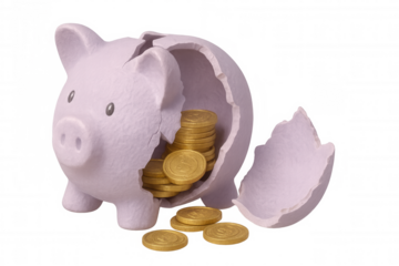 Golden coins spilling from cracked ceramic piggy bank, representing financial vulnerability, savings concept, white background
