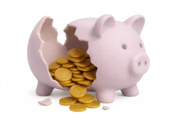 Cracked pink piggy bank exposing golden coins against transparent backdrop, symbolizing financial growth and strategic money management