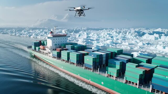 A cargo ship navigates icy waters with drones flying overhead in a serene landscape.