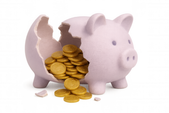 Cracked pink piggy bank exposing golden coins against transparent backdrop, symbolizing financial growth and strategic money management