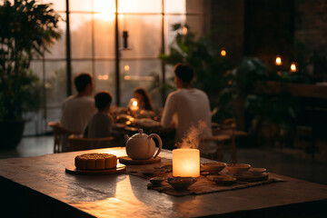 mid-autumn celebration, loved ones gathering at a table, savoring mooncakes and tea