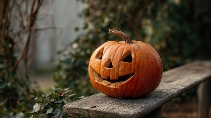 A carved pumpkin on a rustic bench, ready for Halloween celebrations. The pumpkin's grinning face is illuminated by the evening's dim light.