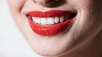Obraz premium Close-up of red lips smiling wide, white-skinned model