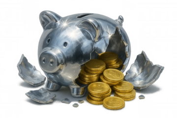 Cracked metallic piggy bank exposing gleaming gold coins, transparent surface suggesting financial breakthrough