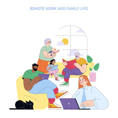Remote Work and Family Life Vector Illustration