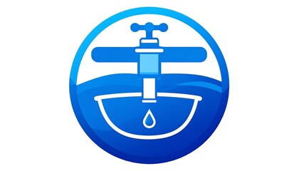 A simple, round icon depicts a water faucet dispensing water into a basin, conveying a concept of plumbing or water supply.