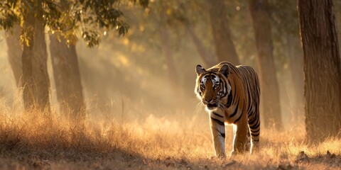 Bengal tiger walking in the forest during sunrise in india