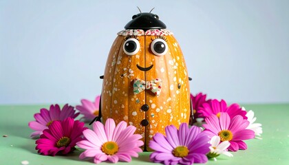 An artful pumpkin ladybug figurine stands amidst a circle of colorful flowers, showcasing a cheerful expression and vibrant autumnal hues.