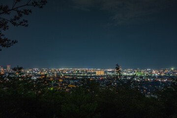 日本の岡山県岡山市の都市夜景と打ち上げ花火