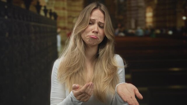 Blonde woman with clasped hands praying gesture inside catholic church interior; charity compassion humility plea.