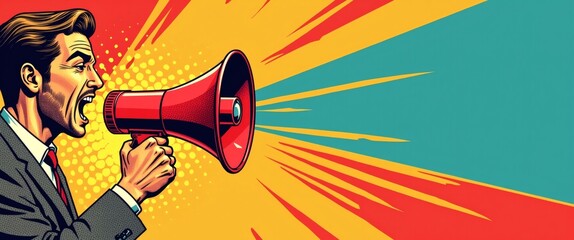 A man shouting into a megaphone, creating a bold and colorful statement
