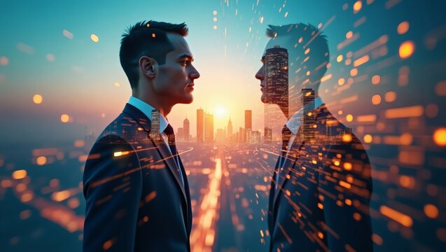 A businessperson facing his digital counterpart in a city setting, highlighting the intersection of human and artificial intelligence