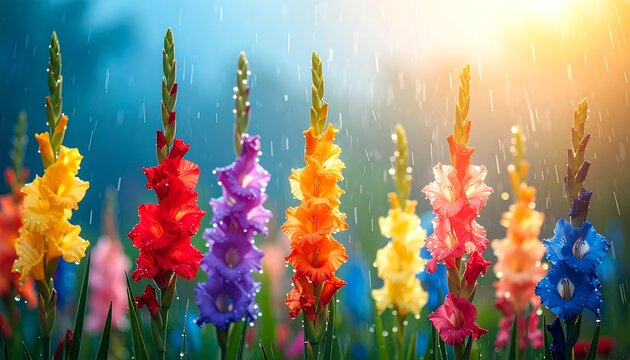 Vibrant gladioli in a colourful field, bathed in the light of a summer rain shower.
