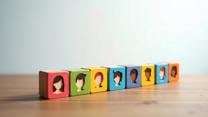 diverse blocks arranged on wooden surface, each displaying a different face