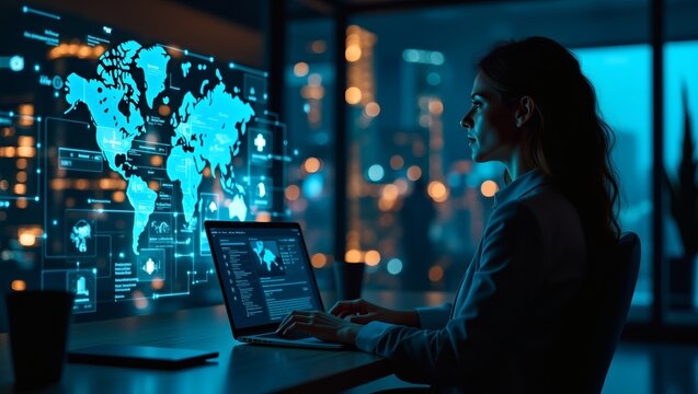 a professional woman working on a laptop in a futuristic office setting