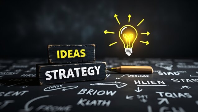 a creative concept of ideas and strategy represented by a glowing lightbulb with the written text. This image embodies innovation, strategic thinking, and the birth of ideas