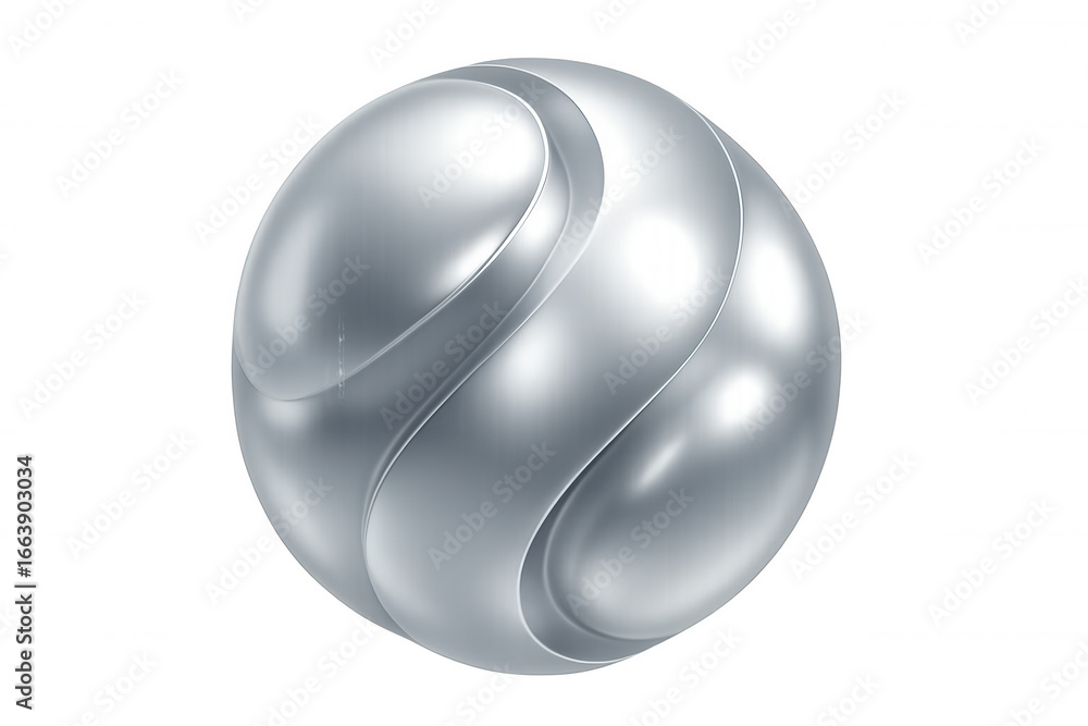 Poster silver sphere with dynamic swirling pattern rotating against a transparent background, creating a vi
