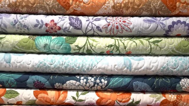 Stacked with rolled, patterned quilt fabrics cozy home decor, textile design, and detail view.