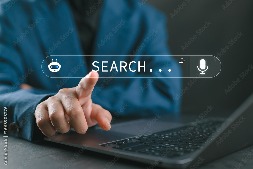 Poster ai chatbot search engine technology concept. woman using search bar with ai chatbot icon, intelligen