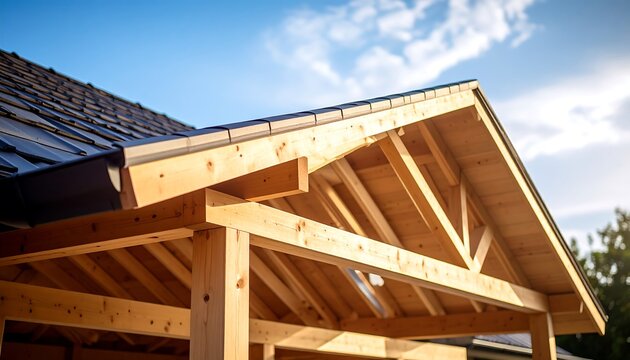 A close-up view of a wooden roof structure under construction, showcasing the intricate framework of support beams and tiles against a vibrant blue sky.