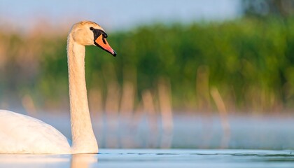 A graceful swan glides on tranquil water, its elegant neck arched gracefully against a soft, out-of-focus background of lush greenery.