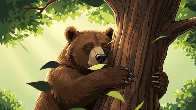 A brown bear embraces a tree trunk, surrounded by lush green foliage and sunlight.