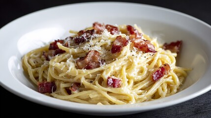 Delightful Creamy Pasta Carbonara Served in a White Bowl