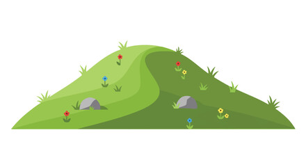Fototapeta premium Stylized Green Hill with Flowers and Rocks: A Cheerful Nature Illustration for Children's Content