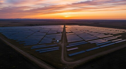 Expansive solar power plant stretching to the horizon at sunrise, embodying the global shift towards renewable energy sources and a sustainable future