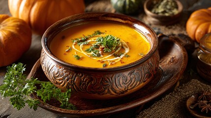 Cozy Autumn Comfort: Delicious Pumpkin Soup in Ceramic Bowl