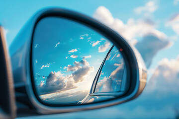 Fototapeta premium 車のサイドミラーに映る青空と雲の風景