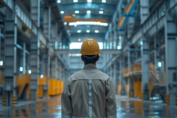 工場内部でヘルメットを着用する日本人作業員の後ろ姿