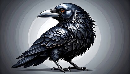 Detailed illustration of a majestic raven, showcasing intricate feather details and a striking profile view against a subdued, textured backdrop.