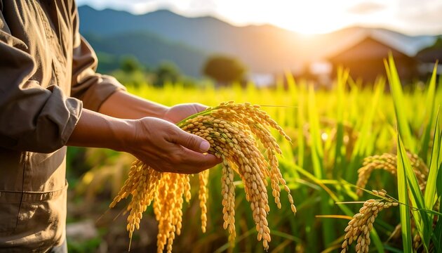 Farmer holding rice paddy harvest at sunset