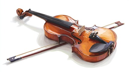 Polished violin & bow resting on white surface, bathed in soft light