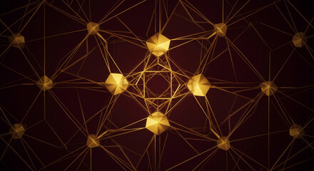 Abstract gold lattice structure on a dark red background.