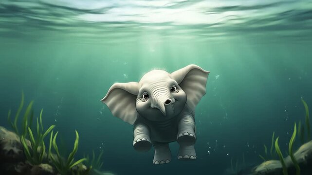 A cheerful baby elephant playfully swims underwater, sunlight filtering through the surface, surrounded by aquatic plants.