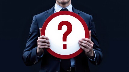 Uncertainty in Business: A sharp businessman holds a question mark sign. capturing themes of inquiry, doubt, and decision-making in a crisp visual metaphor. 