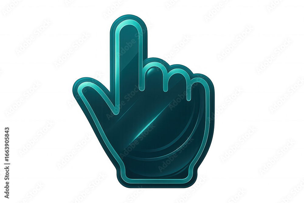 Fototapete glowing turquoise hand cursor pointing with index finger, highlighting digital interface graphic des