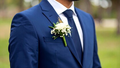 Close-up of a vibrant navy blue suit jacket, featuring a decorative white flower boutonniere, perfectly capturing the elegance and style of a formal occasion.