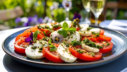 A vibrant plate of Caprese salad, featuring sliced tomatoes and mozzarella, adorned with pesto and fresh basil leaves, alongside colorful pansies.