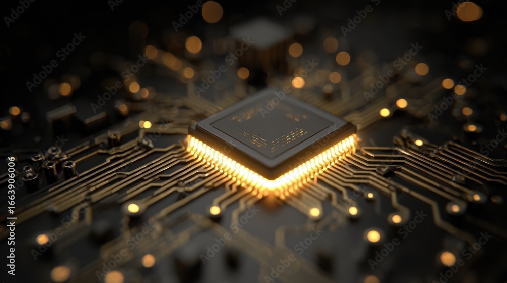 Poster close-up view of a glowing microchip surrounded by complex circuit board design with golden highligh