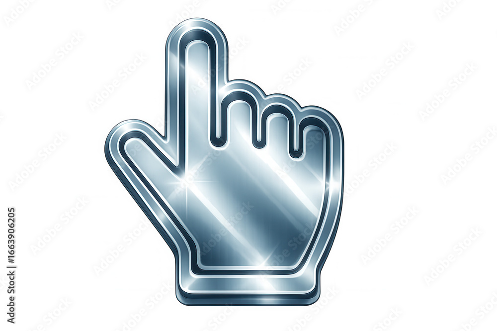 Fototapete shiny metallic hand cursor pointing on a transparent background, perfect for web design and user int