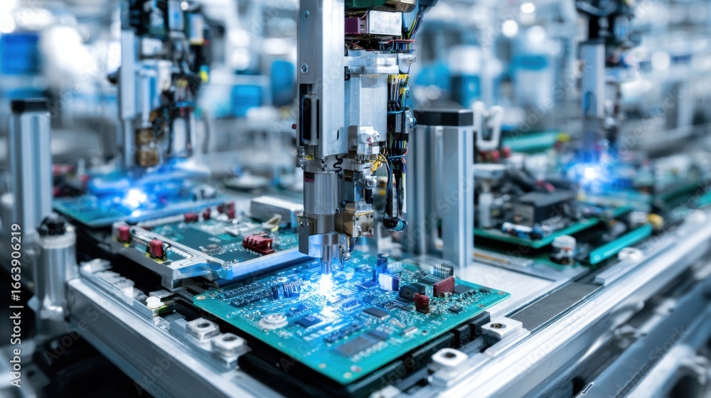 Poster advanced robotic assembly line in electronics manufacturing with precision machinery and circuit boa